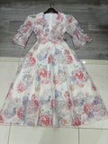 Style Dress 2025 Summer V-Neck Bubble Sleeves Mid-Sleeve Fresh Sweet Three-Dimensional Flower Print Dress