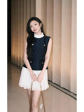 New Blue And White Collar Collar Fake Two Sleeveless Dress Temperament Famous Wind Thin Short Dress 2025 Summer