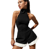 Women Decorate Sleeveless Hanging Neck Collage Splicing Lotle Leaf Side Shorts Splicing DJPT