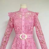 Dress Dress With Lotus Leaves With Belt Famous Temperament Sweet Water-Soluble Lace Dress Dress Dress