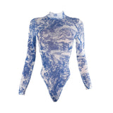 Autumn 2025 New Top Temperament Repair Net Yarn Print Long-Sleeved Dressing Woman DJPT