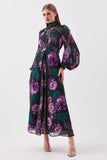2025 Printed Lace Splicing Hollow Rivet Collar Lantern Long-Sleeved Dress Woman