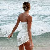 Women Decorate Body Solid Sleeveless Cord Drawstrings Folding Short Dress DJPT