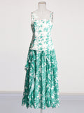 Holiday Style Dress 2025 Spring New Print Pressure Frills Light Mint Leaf Side Braid Dress Woman