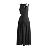 Sexy Wind Niche Design 2025 Summer Collar Hollow Folded Women's Dress In The Long Solid Color Folds