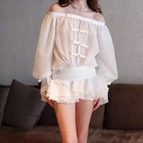 Spring And Summer New French Pure Desire Shoulder Bow Tective Chest Long Sleeve Fluffy Trouser Skirt