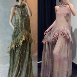Production Of 25 Spring And Summer Seven-Summer Feathers Decorated Hanging Neck Strapped Sleeveless Dress