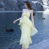 New Niche Design High-End Tea Break French Seaside Holiday Yellow Hanging Neck Dress