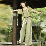 Design Yuehua Tour Chinese Style Improvement Chinese Elements Of The New Chinese Style Women's Short-Sleeved Blouse Trousers Set 9086