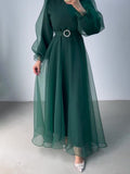 Spring 2024 New Half-High Neckernet Yarn Elegant Thin Lantern Sleeve Dress Woman