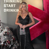 Summer 2025 New Temperament Sexy Sling V Tie Fine Flash Back Dress Dress Woman DJPT