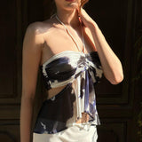 Fashion Print Hanging Neck Corset 2025 Autumn New Folding Folding T-Shirt DJPT