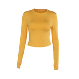 Round Collar Hot Drill Fine Long-Sleeved Top Woman 2025 Autumn New Fashion Pure Color Top Lady DJPT
