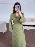Long-Sleeved Dress 2024 Summer Cold Feeling With Belt V-Neck Zen Style Dress