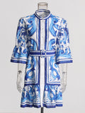 Vintage 2025 Summer New Round-Neck Long Horn Sleeve Blue Printed Dress Woman