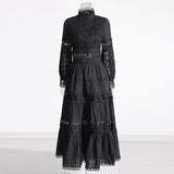 Famous Wind 2025 Summer New Lace Collar Long Sleeves Bare Waist Shirt High Waist Half Dress Solid Two Sets