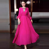 2025 Cuffed Ostrich Hair Decoration Dress Neck Collared Diamond Dress