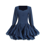 Fairy Dress 2025 New Square Collar Single Buckle Lotus Side Horn Sleeve Short Dress