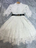 Fluffy Miniskirt 2024 Early Spring Collar Short Sleeve With Belt Water-Soluble Lace Dress Skirt