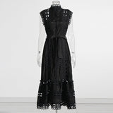 Retro Niche Design 2025 Summer Collar Sleeveless Hollow Perspective Design Solid Color Long Dress Dress Women's