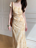 | 2025 Summer New Homemade Elegant [Yellow Rose] Yellow Jahua Short Sleeve Dress DJPT