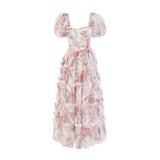 Summer British Tide Brand Dream Fairy Flower Net Collar Bubble Sleeves Wide Swing Flowing Dress Dress