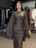 2024 New Round-Neck Long-Sleeved Dress Bat Sleeve With Waist-Hanging-Sense-Sensed-Sense-Sensed Set
