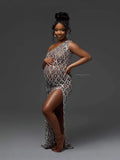 Summer Luxury Hot Diamond Pregnant Women Photo Dress Oblique Shoulder Slit Drill Pregnant Woman Photography Dress Maternity