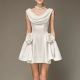 Summer New Round Neckless Design High-Waist Three-Dimensional Flowers Spliced Solid Color French Retro Short Skirt Woman