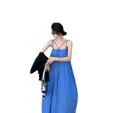 Desire Blue Folded Seaside Vacation Sling Dress Women Summer Sanya Tour Wearing Pictures Beach Long Skirts
