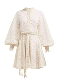Autumn And Winter Australian Trendy Brand Lin Yuner Star Of The Same Retro Hollow Lace Lantern Sleeve Dress