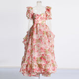 Court Style 2025 Summer New Square Slings Oversized Skirts Tail Lotus Leaf-Side Printed Dress Woman