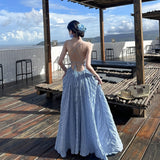 Dress Blue Pure Windy Beach Vacation Bare Back To The Waist Of The Big Skirt Hanging Long Skirt
