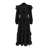 Dream Collar Wood Ear Folding Single Row Buckle Dress 2025 New Women's Summer Long Sleeves Pure Color Dress Dress Girl