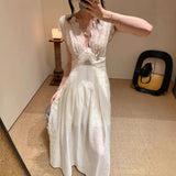 Embroidered V-Necked White Dress