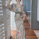 New French Waist-Covered Stamped Temperament Dress Long Sleeve V-Neck Spring Dress Women's Holiday Oil Painting Long Dress