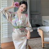 New French Waist-Covered Stamped Temperament Dress Long Sleeve V-Neck Spring Dress Women's Holiday Oil Painting Long Dress
