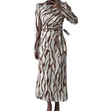 Women's Autumn Round-Neck Graffiti Long-Sleeved Striped Tie Slimming Dress