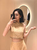 Mencius Yiyi Heavy Industry Nail Beads Small Fragrant Breeze Vest Blouse 2024 Summer Beautiful Champagne Beads Half-Dress