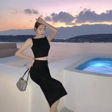 Temperament Suit Women's Short Sleeveless Vest Top High Waist Open Body Skirt Two Sets Of Tide