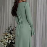 Temperament Micro-Trumpet Folded Cross Superimposed Tying Belt Girded Waist Dressing Spliced High-Waisted Dress