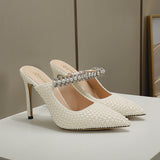 Women's Shoes Brand White Pearl Tip High Heel Fashion Half-Empty Ladies Sandals High Quality Shoes
