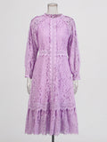 Bohemian 2025 Summer New Round-Neck Long Sleeve Zipper Design Solid Color Long Lace Dress