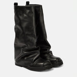 Years Of Autumn And Winter New Large Cylinder Locking Round Head Long Barrel Women's Boots Leather Boots Metal Knight Boots Flat And Boots High Quality Shoes