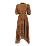 Elegant Style Dress 2025 New Round Collar Bubble Bubble Sleeve Lace Belt Fashion High-End Dress