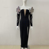 Card Shoulder Long Sleeves Chest V-Neck Pattern Hot Diamond Banded Dress Sexy Temperament Dress Dress