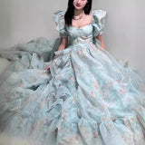2025 New Fugitive Princess French Retro Niche Design Chopped Flowers Tailed Collar Bubble Sleeve Dress