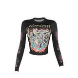 Long-Sleeved Cool Street Print T-Shirt Girl Personality Trendy Street With Short Sleeve Top DJPT