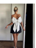 Spring And Summer Shoulder Black And White Bump Color Waist A Pendulum Design Bow Dress LX0114