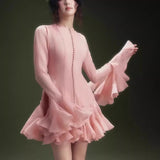 2025 Long-Sleeved Dating Dress Lotus Edge Cut Dress White Short Dress